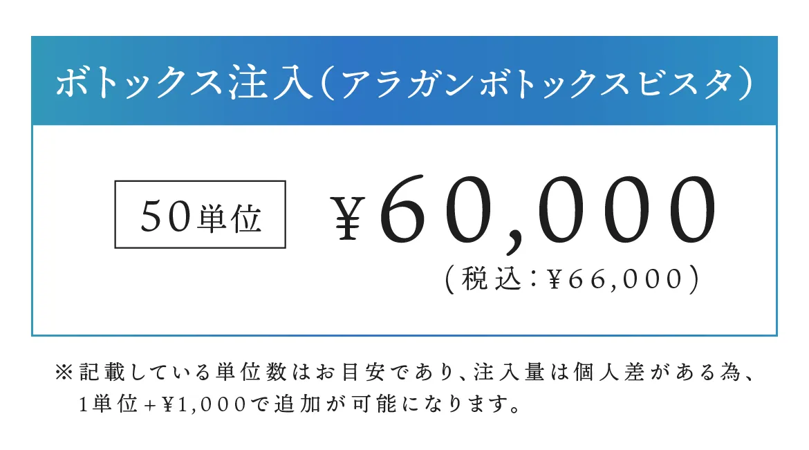 ボトックス注入（アラガンボトックスビスタ） 50単位 60,000円（税込：66,000円）